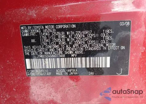 2008 Toyota Rav4 z USA, uszkodzony, nr VIN JTMBD33V686077468